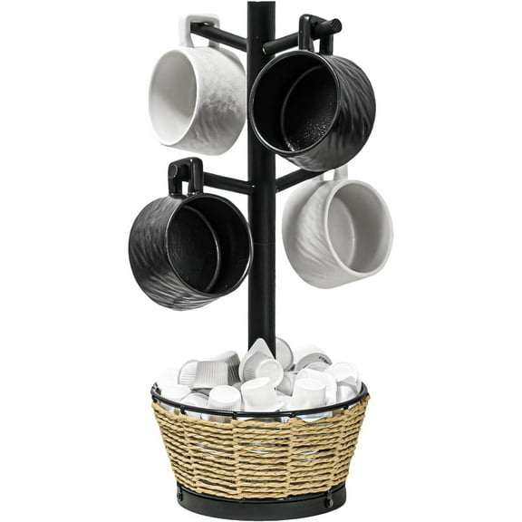 Wood Mug Holder Tree With Woven Basket, 4 Hooks Coffee Mug Holder, Countertop Mug Tree For Kitchen Counter Cabinet Coffee Bar Accessories Cup Display Organizer Hanger(Black)