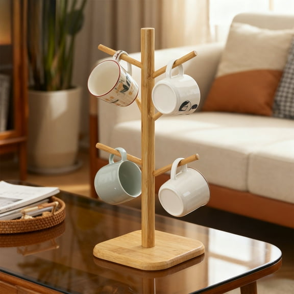Wood Mug Tree Stand With 6 Hooks, Stainless Steel Base, Multicolor Coffee Cup Holder Rack, Kitchen Organizer for Storage and Drying, 33x14x14cm