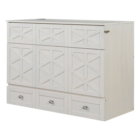 Wood Murphy Bed Chest with Charging Station, Foldable Wall Platform Bed with Storage Drawer/Space Saving/Wood Slat Support/Full