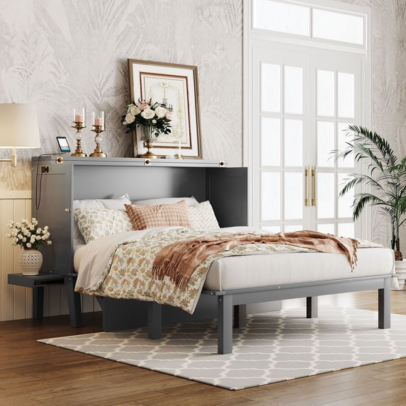 Wood Murphy Bed Mattress Foundation with USB Port and Removable Shelves on Each Side, Bed Frame Storage Bed w/ Wooden Slats for Boy Girl, No Box Spring Needed