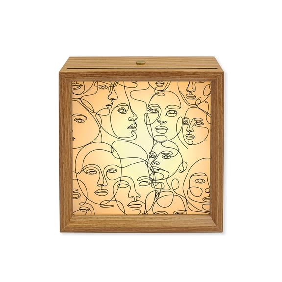 Wood Night Light Box Abstract Human Face Wooden LED Night Lights with USB Rechargeable Dimmable Touch Square Table Light Aesthetic Portrait Lines Wood Picture Frame Lamp for Bedside Desktop Display