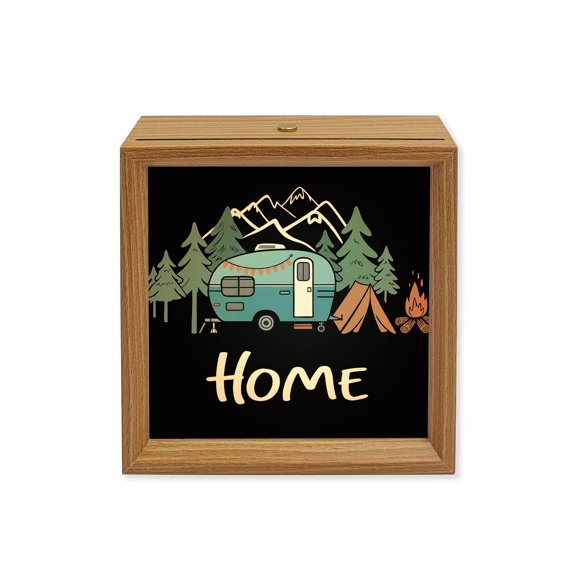 Wood Night Light Box Adventure Camper Wooden LED Night Lights with USB Rechargeable Dimmable Touch Square Table Light Forest Pine Trees Mountain Home Wood Picture Frame Lamp for Desktop Display