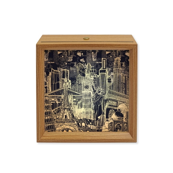 Wood Night Light Box Architecture Landscape Wooden LED Night Lights with USB Rechargeable Dimmable Touch Square Table Light Indigo Historic Landmarks Wood Picture Frame Lamp for Desktop Display