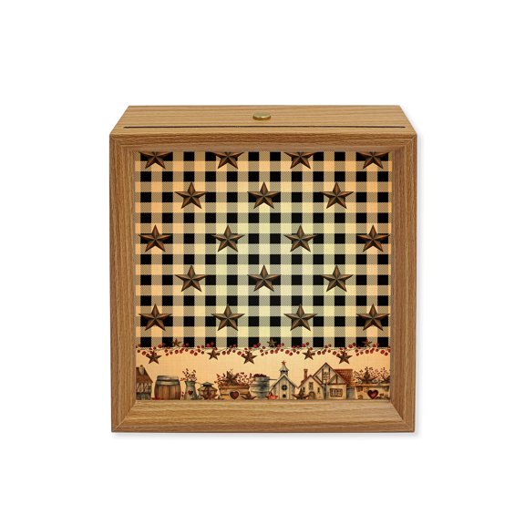 Wood Night Light Box Barn Star Farm Wooden LED Night Lights with USB Rechargeable Dimmable Touch Square Table Light Black Buffalo Plaid Wood Picture Frame Lamp for Bedside Desktop Display Home Decor