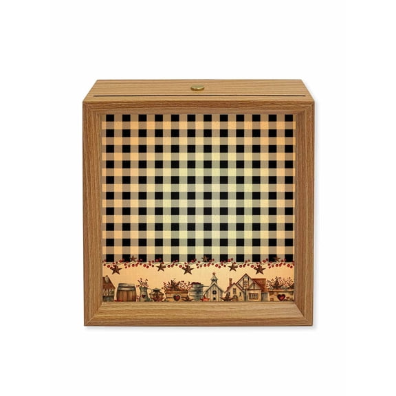 Wood Night Light Box Barn Star Farmhouse Wooden LED Night Lights with USB Rechargeable Dimmable Touch Square Table Light Black Buffalo Plaid Wood Picture Frame Lamp for Bedside Desktop Display