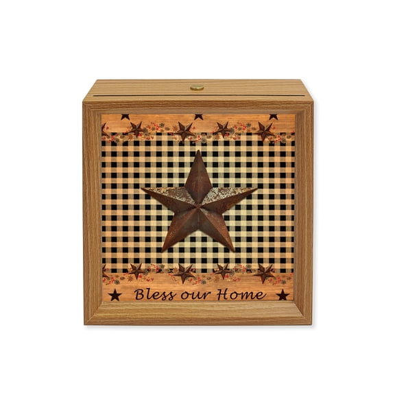 Wood Night Light Box Bless Our Home Wooden LED Night Lights with USB Rechargeable Dimmable Touch Square Table Light Texas Star Black Buffalo Plaid Wood Picture Frame Lamp for Bedside Desktop Display