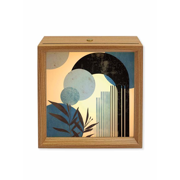 Wood Night Light Box Blue Boho Wooden LED Night Lights with USB Rechargeable Dimmable Touch Square Table Light Geometric Line Leaves Wood Picture Frame Lamp for Bedside Desktop Display Home Decor