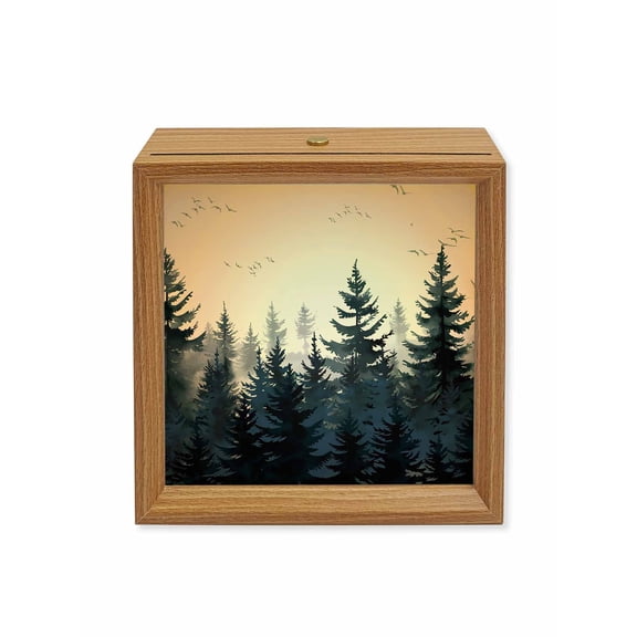 Wood Night Light Box Blue Forest Wooden LED Night Lights with USB Rechargeable Dimmable Touch Square Table Light Tree Bird Nature Landscape Wood Picture Frame Lamp for Bedside Desktop Display
