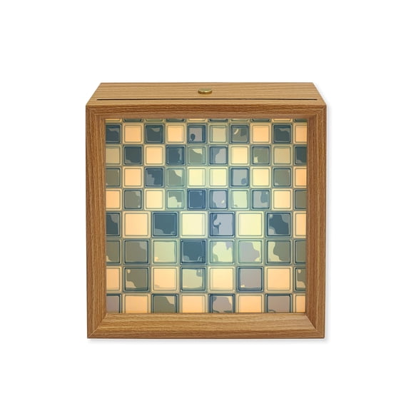 Wood Night Light Box Blue Mosaic Tiles Wooden LED Night Lights with USB Rechargeable Dimmable Touch Square Table Light Checkerboard Squares Wood Picture Frame Lamp for Bedside Desktop Display