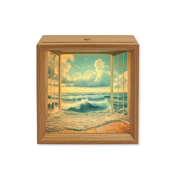 Wood Night Light Box Blue Sky Cloud Wooden LED Night Lights with USB Rechargeable Dimmable Touch Square Table Light Beach Waves Window Wood Picture Frame Lamp for Bedside Desktop Display Home Decor