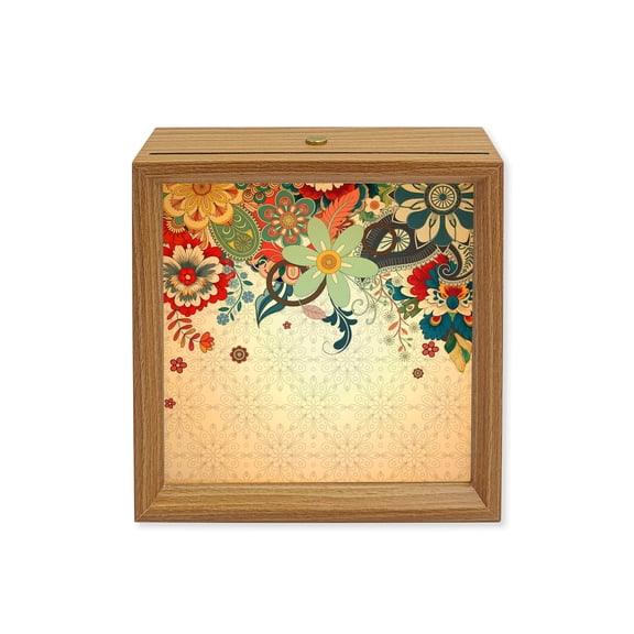 Wood Night Light Box Boho Floral Wooden LED Night Lights with USB Rechargeable Dimmable Touch Square Table Light Abstract Bohemian Bloom Flower Wood Picture Frame Lamp for Bedside Desktop Display