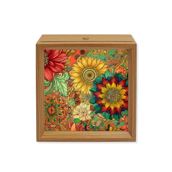 Wood Night Light Box Boho Paisley Swirls Wooden LED Night Lights with USB Rechargeable Dimmable Touch Square Table Light Vibrant Bohemian Sunflowers Wood Picture Frame Lamp for Desktop Display