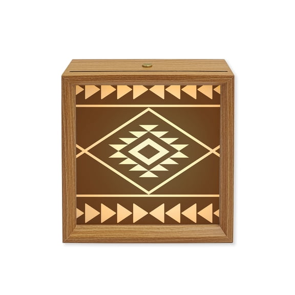 Wood Night Light Box Brown Bohemian Geometric Wooden LED Night Lights with USB Rechargeable Dimmable Touch Square Table Light Boho Tribal Arrows Wood Picture Frame Lamp for Bedside Desktop Display