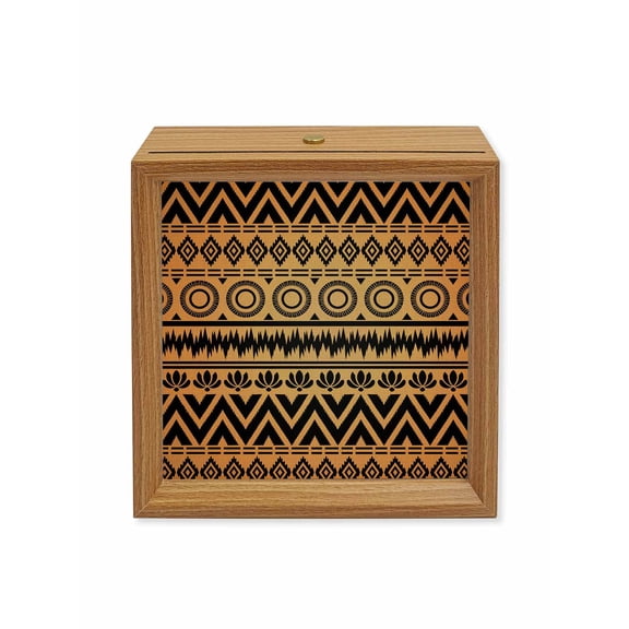 Wood Night Light Box Brown Boho Diamonds Wooden LED Night Lights with USB Rechargeable Dimmable Touch Square Table Light Bohemian Tribal Zigzags Circles Wood Picture Frame Lamp for Desktop Display