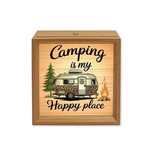 Wood Night Light Box Camping Is My Happy Place Wooden LED Night Lights with USB Rechargeable Dimmable Touch Square Table Light Camper Van Tree Flame Wood Wood Picture Frame Lamp for Desktop Display