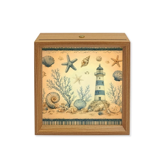 Wood Night Light Box Coastal Lighthouse Wooden LED Night Lights with USB Rechargeable Dimmable Touch Square Table Light Blue Ocean Seaweed Shell Conch Wood Picture Frame Lamp for Desktop Display