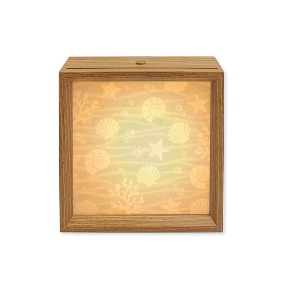Wood Night Light Box Coastal Shell Conch Wooden LED Night Lights with USB Rechargeable Dimmable Touch Square Table Light Beige Starfish Bubble Waves Wood Picture Frame Lamp for Desktop Display