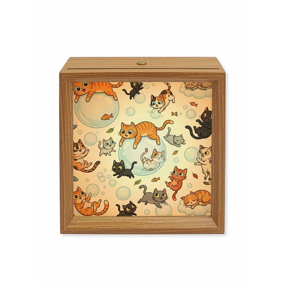 Wood Night Light Box Cute Cat Bubble Wooden LED Night Lights with USB Rechargeable Dimmable Touch Square Table Light Playing Animal Catty Fish Wood Picture Frame Lamp for Bedside Desktop Display