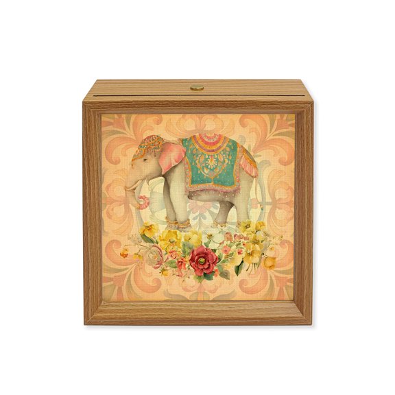 Wood Night Light Box Floral Elephant Wooden LED Night Lights with USB Rechargeable Dimmable Touch Square Table Light Beige Bohemian Flower Wood Picture Frame Lamp for Bedside Desktop Display
