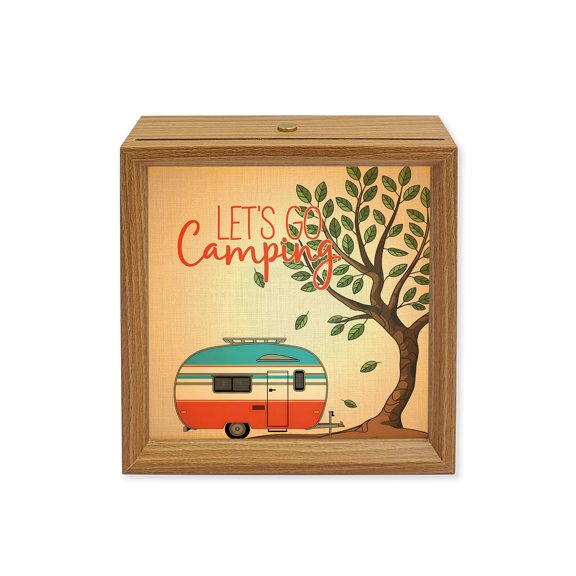 Wood Night Light Box Let's Go Camping Wooden LED Night Lights with USB Rechargeable Dimmable Touch Square Table Light Red Camper Van Trees Linen Wood Picture Frame Lamp for Bedside Desktop Display