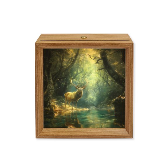 Wood Night Light Box Green Forest Deer Wooden LED Night Lights with USB Rechargeable Dimmable Touch Square Table Light Fantasy Country Wood Picture Frame Lamp for Bedside Desktop Display Home Decor