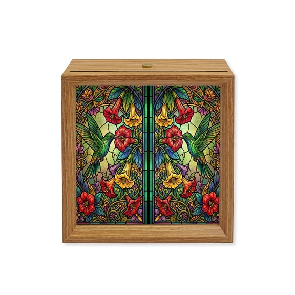 Wood Night Light Box Green Hummingbirds Wooden LED Night Lights with USB Rechargeable Dimmable Touch Square Table Light Shiny Stained Glass Flowers Wood Picture Frame Lamp for Desktop Display