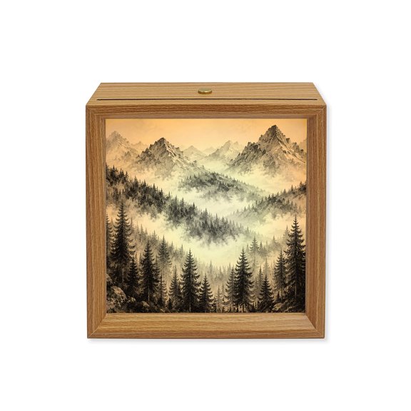 Wood Night Light Box Grey Forest Mountain Wooden LED Night Lights with USB Rechargeable Dimmable Touch Square Table Light Fog Peaks Pine Tree Wood Picture Frame Lamp for Bedside Desktop Display
