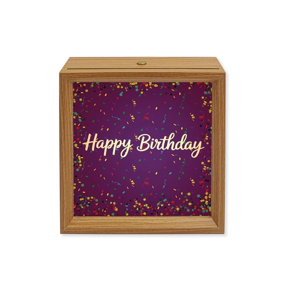 Wood Night Light Box Happy Birthday Wooden LED Night Lights with USB Rechargeable Dimmable Touch Square Table Light Polka Dot Ribbon Celebration Purple Wood Picture Frame Lamp for Desktop Display