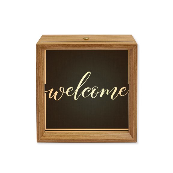 Wood Night Light Box Letter Welcome Wooden LED Night Lights with USB Rechargeable Dimmable Touch Square Table Light Minimalist Black White Stripes Wood Picture Frame Lamp for Bedside Desktop Display