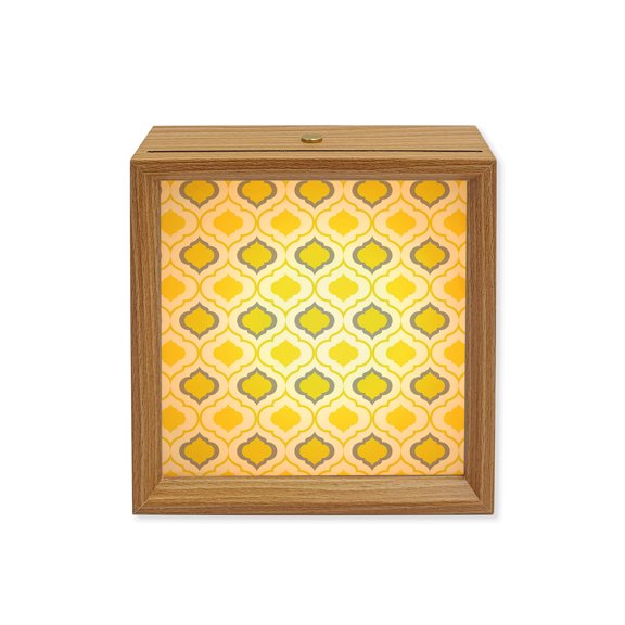 Wood Night Light Box Moroccan Pattern Wooden LED Night Lights with USB Rechargeable Dimmable Touch Square Table Light Geometric Trellis Yellow Grey Wood Picture Frame Lamp for Desktop Display