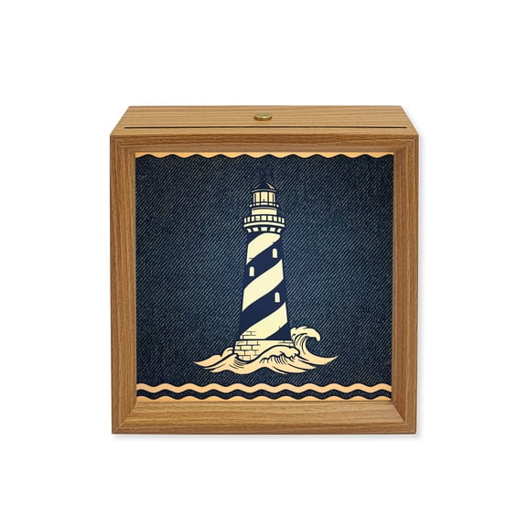 Wood Night Light Box Nautical S Lighthouse Wooden LED Night Lights with USB Rechargeable Dimmable Touch Square Table Light Coastal Denim Blue Stripes Wood Picture Frame Lamp for Desktop Display