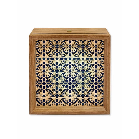 Wood Night Light Box Navy Blue Floral Stripes Wooden LED Night Lights with USB Rechargeable Dimmable Touch Square Table Light Geometric Morocco Art Wood Picture Frame Lamp for Desktop Display