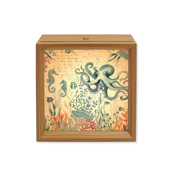 Wood Night Light Box Ocean Octopus Wooden LED Night Lights with USB Rechargeable Dimmable Touch Square Table Light Coral Shell Fish Marine LIfe Wood Picture Frame Lamp for Bedside Desktop Display