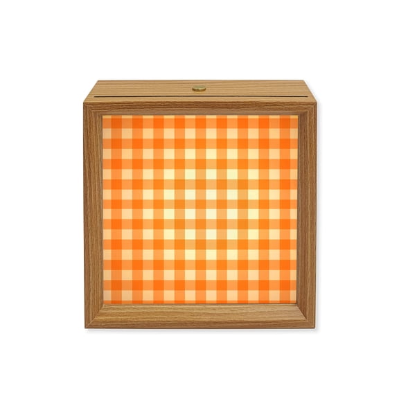 Wood Night Light Box Orange Buffalo Checked Plaid Wooden LED Night Lights with USB Rechargeable Dimmable Touch Square Table Light Classic Grid Wood Picture Frame Lamp for Bedside Desktop Display