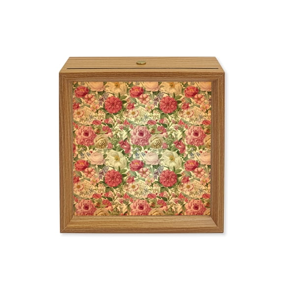 Wood Night Light Box Pink Bloom Flowers Wooden LED Night Lights with USB Rechargeable Dimmable Touch Square Table Light Spring Floral Wood Picture Frame Lamp for Bedside Desktop Display Home Decor