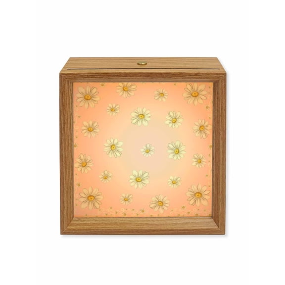 Wood Night Light Box Pink Daisy Flower Wooden LED Night Lights with USB Rechargeable Dimmable Touch Square Table Light Farmhouse Floral Border Wood Picture Frame Lamp for Bedside Desktop Display