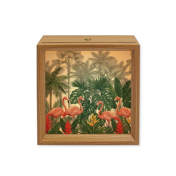 Wood Night Light Box Pink Flamigo Wooden LED Night Lights with USB Rechargeable Dimmable Touch Square Table Light Retro Tropical Palm Tree Wood Picture Frame Lamp for Bedside Desktop Display