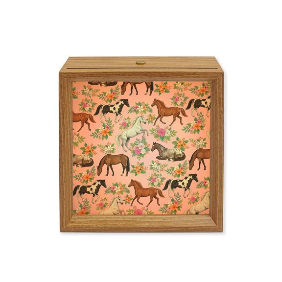 Wood Night Light Box Pink Flower Horse Wooden LED Night Lights with USB Rechargeable Dimmable Touch Square Table Light Floral Animal Wood Picture Frame Lamp for Bedside Desktop Display Home Decor