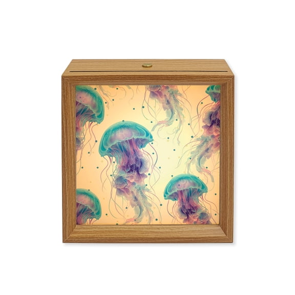 Wood Night Light Box Purple Blue Jellyfish Wooden LED Night Lights with USB Rechargeable Dimmable Touch Square Table Light Coastal Ocean Bubbles Wood Picture Frame Lamp for Bedside Desktop Display
