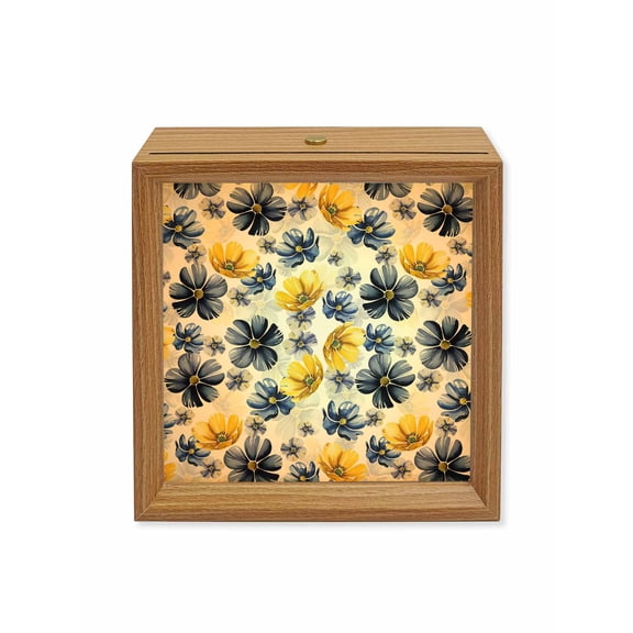 Wood Night Light Box Purple Floral Wooden LED Night Lights with USB Rechargeable Dimmable Touch Square Table Light Navy Blue Black Flowers Wood Picture Frame Lamp for Bedside Desktop Display