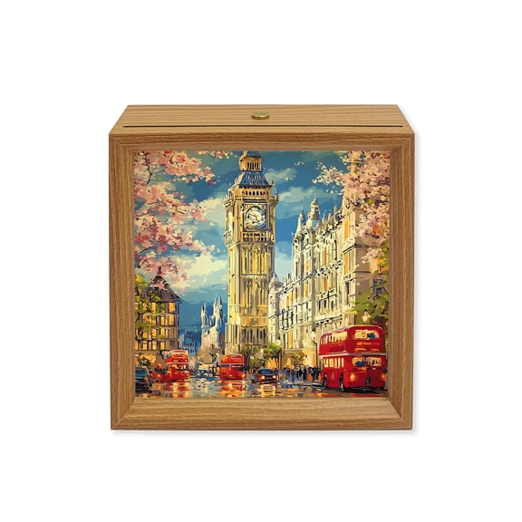 Wood Night Light Box Red Bus Clock Tower Wooden LED Night Lights with USB Rechargeable Dimmable Touch Square Table Light Cherry Blossoms Impressionist Wood Picture Frame Lamp for Desktop Display