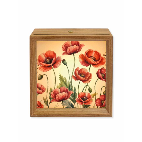 Wood Night Light Box Red Poppy FLoral Wooden LED Night Lights with USB Rechargeable Dimmable Touch Square Table Light Nature FLoral Leaves Wood Picture Frame Lamp for Bedside Desktop Display