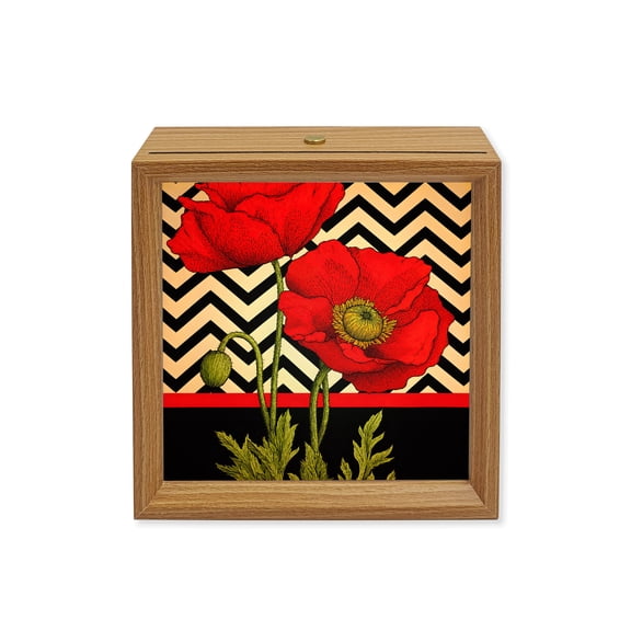 Wood Night Light Box Red Poppy Flowers Wooden LED Night Lights with USB Rechargeable Dimmable Touch Square Table Light Bloom Flower Buds Black Chevron Wood Picture Frame Lamp for Desktop Display