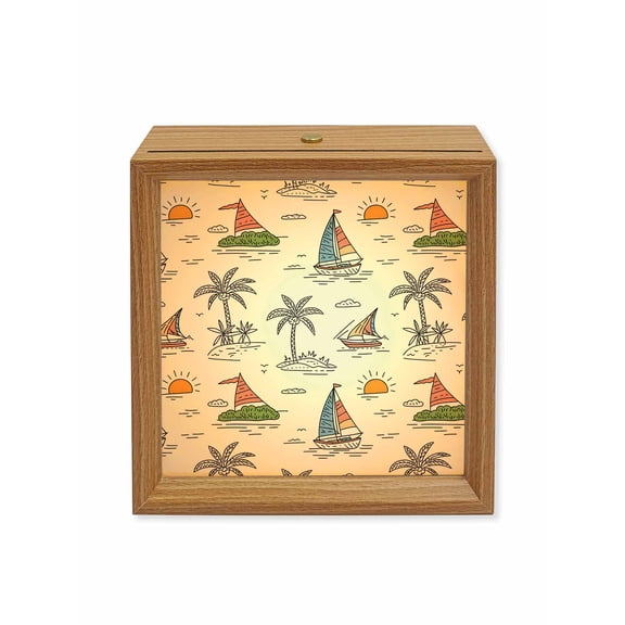 Wood Night Light Box Sailing Surfing Wooden LED Night Lights with USB Rechargeable Dimmable Touch Square Table Light Tropical Palm Trees Wood Picture Frame Lamp for Bedside Desktop Display