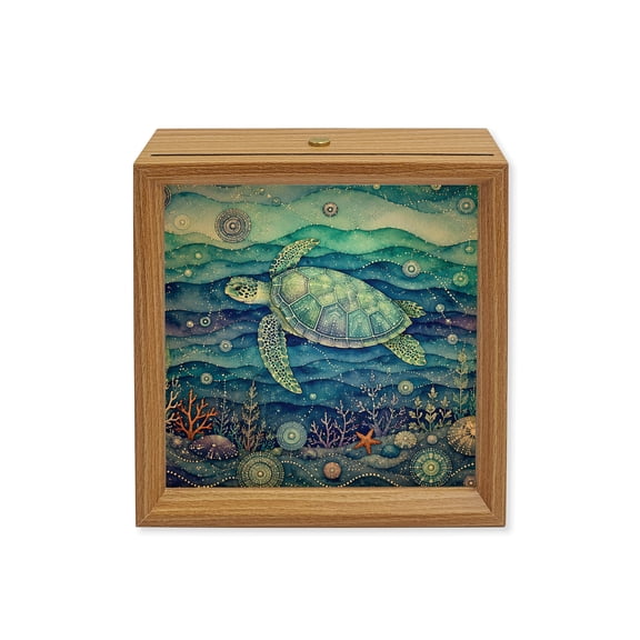 Wood Night Light Box Sea Turtle Wooden LED Night Lights with USB Rechargeable Dimmable Touch Square Table Light Coral Bubbles Ocean Waves Wood Picture Frame Lamp for Bedside Desktop Display