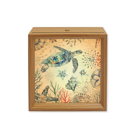 Wood Night Light Box Sea Turtle Wooden LED Night Lights with USB Rechargeable Dimmable Touch Square Table Light Shell Coral Fish Marine Life Wood Picture Frame Lamp for Bedside Desktop Display