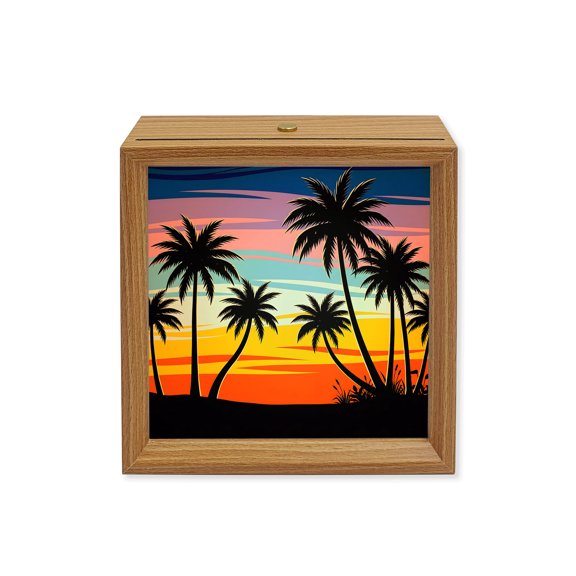 Wood Night Light Box Summer Beach Sunset Sky Wooden LED Night Lights with USB Rechargeable Dimmable Touch Square Table Light Coastal Tropical Palm Tree Wood Picture Frame Lamp for Desktop Display