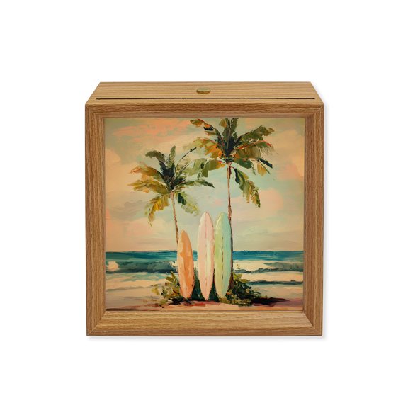 Wood Night Light Box Summer Beach Surfboard Wooden LED Night Lights with USB Rechargeable Dimmable Touch Square Table Light Tropical Palm Trees Wood Picture Frame Lamp for Bedside Desktop Display