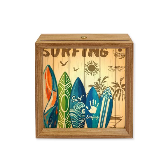 Wood Night Light Box Summer Surfing Wooden LED Night Lights with USB Rechargeable Dimmable Touch Square Table Light Beach Palm Tree Wood Grain Wood Picture Frame Lamp for Bedside Desktop Display