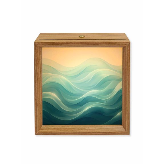 Wood Night Light Box Teal Blue Fluid Waves Wooden LED Night Lights with USB Rechargeable Dimmable Touch Square Table Light Gradient Layers Mountain Wood Picture Frame Lamp for Desktop Display